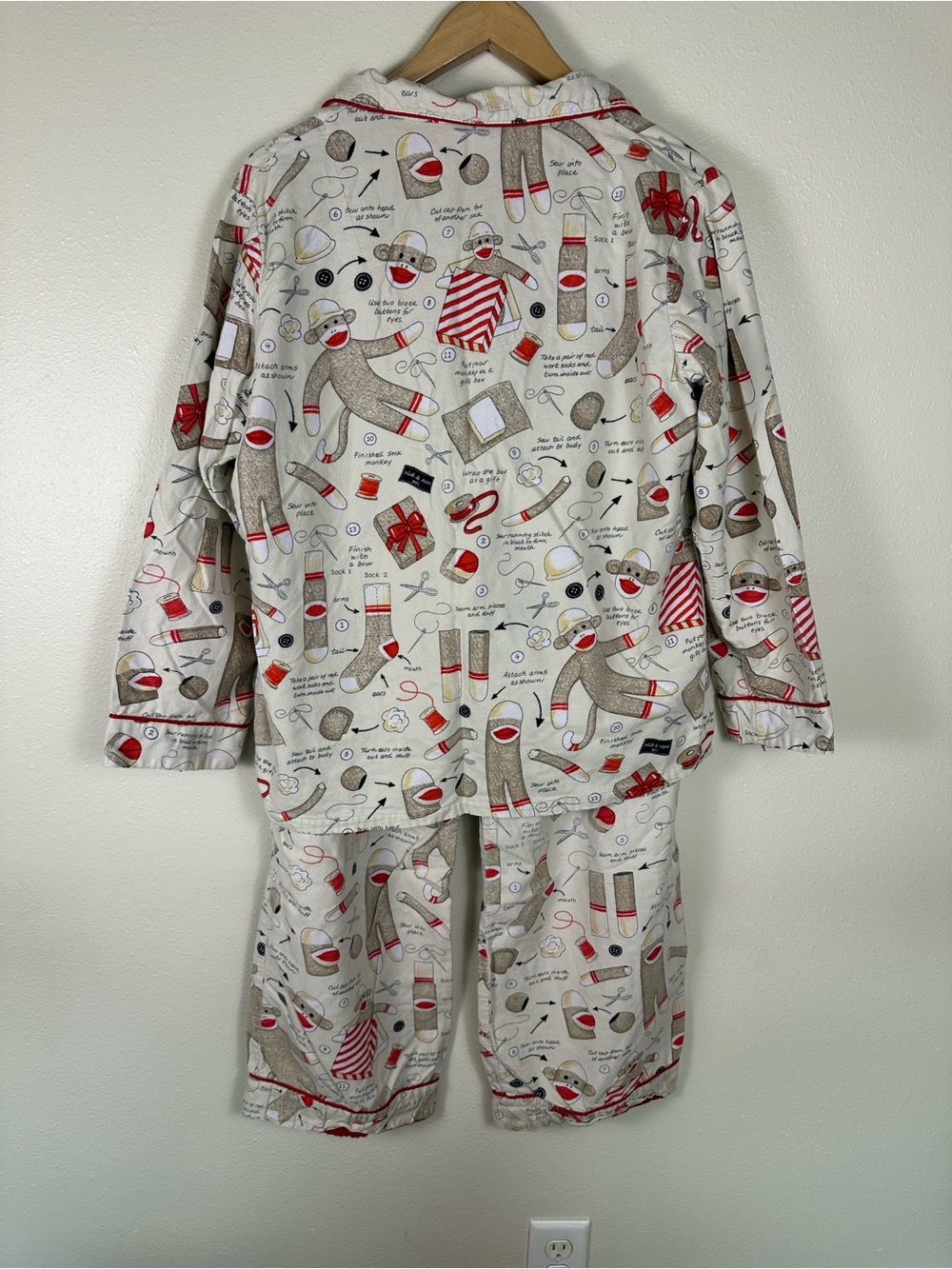 NICK & NORA Women L Comfy How To Make A Sock Monkey Cotton Flannel Pajama Set - Picture 3 of 6